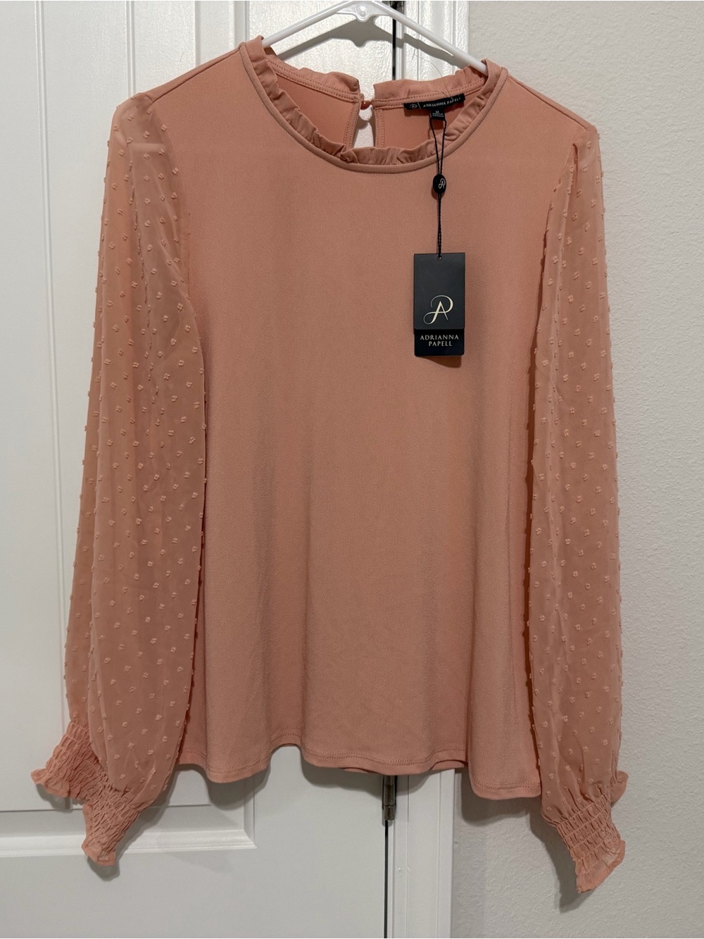 Adrianna Papell Blouse with Swiss Dot sheer Chiffon Sleeves